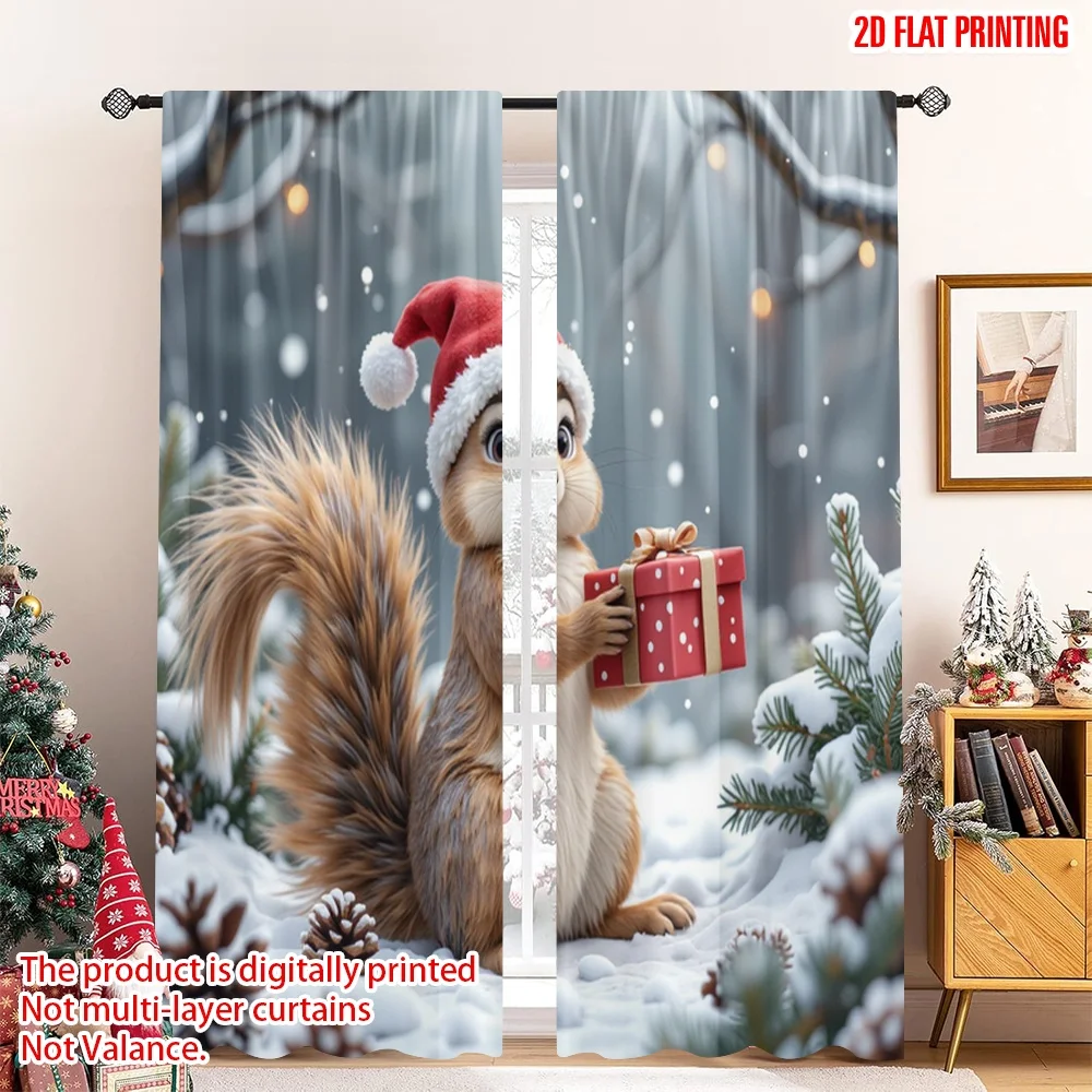 

2pcs 2D flat printing Merry Christmas Popular Party Window Curtains Cute Squirrel Christmas Gift 100% Polyester Fabric Without