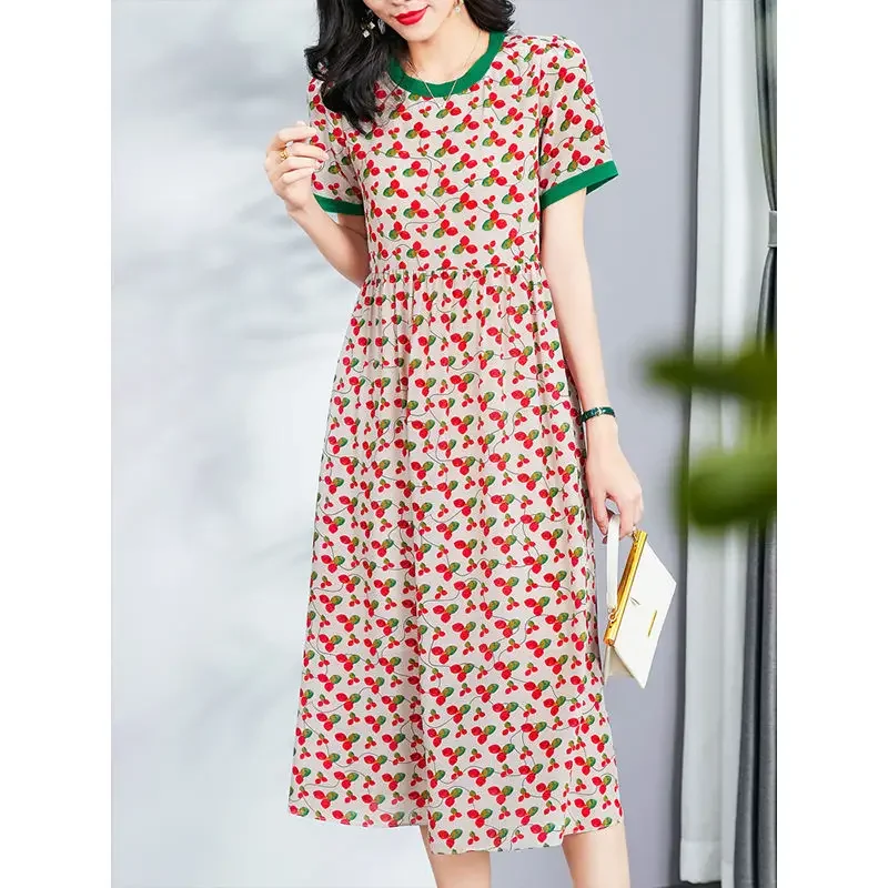 Fashion Fresh Summer New Printing Middle Age Women 2024 Loose Floral Large Size Round Neck Short Sleeved Over the Knee Dress