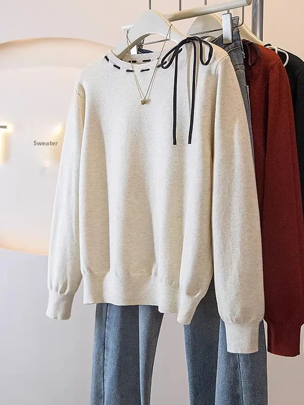 

Ele Long Sve Knitted Sweater with Bow Tie for Women Soft Cozy plus Size Loose Fit Winter Faion Casual Top