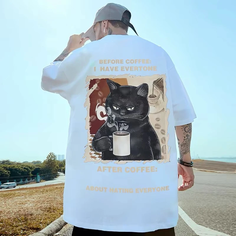 2025 New Year Men\'s T-Shirt Black Cat Printed Male Clothing Summer Casual Short Sleeve Top Loose Oversized T-Shirt Street Tees