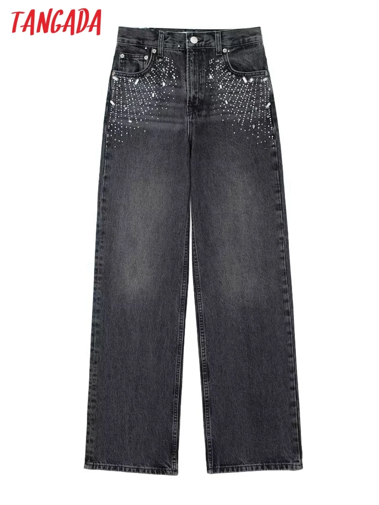 Tangada 2023 Women Beading Decorate Long Jeans Pants Trousers Pockets Female Denim Pants 3H280