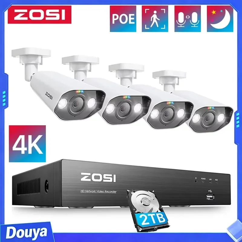 ZOSI 8CH POE Video Kit 4K 8MP 5MP Super HD Outdoor IP Cameras AI Starlight Night Vision CCTV Security Camera