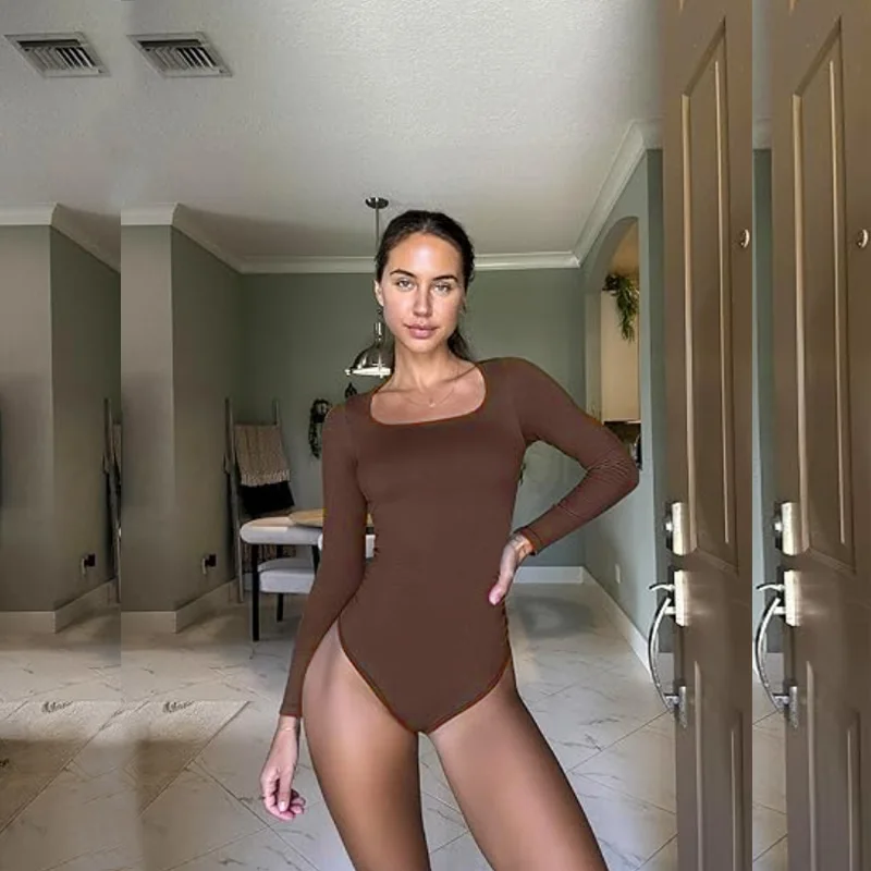 GUUDIA Spandex Elastic Body Suit Shapewear Women Body Shaper Tummy Control Long Sleeve Open Crotch Big U Neck Seamless Shapers