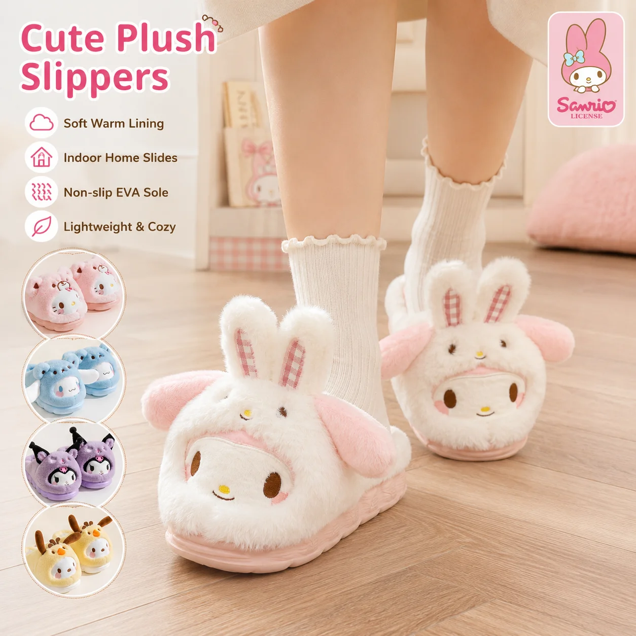 Sanrio My Melody Plüsch-Hausschuhe für Damen, niedliche Cartoon-Hasenohren, flauschig, warm, für den Winter, geschlossene Zehenpartie, weiche, dicke Sohle