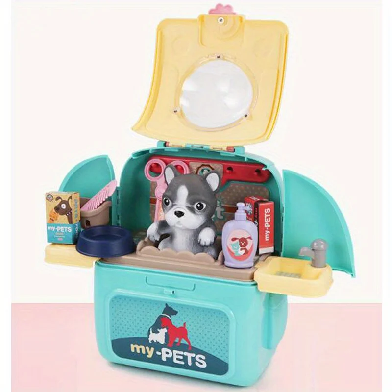 Conjunto de jogo para cuidados com animais de estimação, kit médico para crianças, médico, fingir jogar, brinquedos para tosa de cães, filhote de cachorro, mochila para alimentação de cães