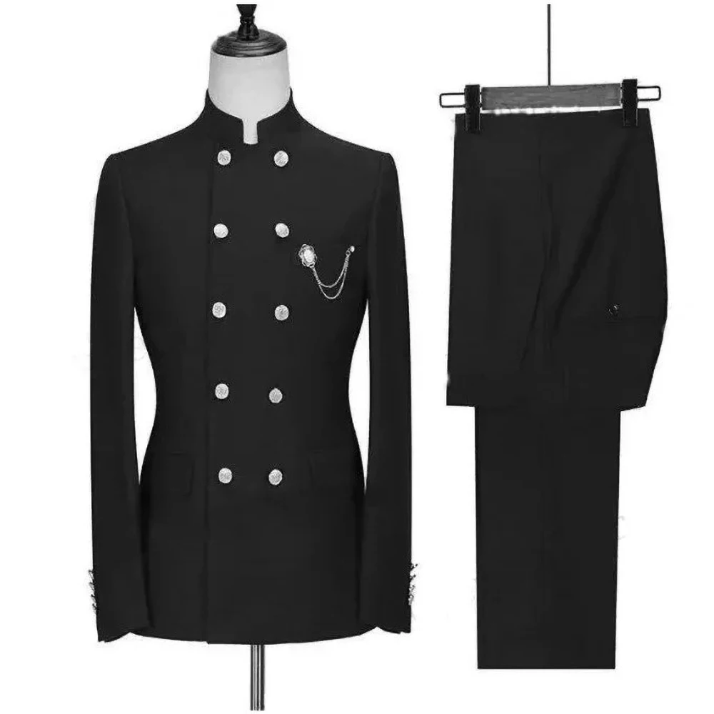 Fashion Men Suits Navy Blue Slim Stand Collar Double Breasted Male Blazer with Pants Formal Smart Casual Wedding Tuxedo 2 Piece