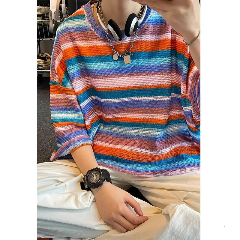 Summer Street Men and Women Trendy Personality Colorful Stripe Hip Hop Round Neck Short Sleeve Couple Loose Casual T-shirt Top