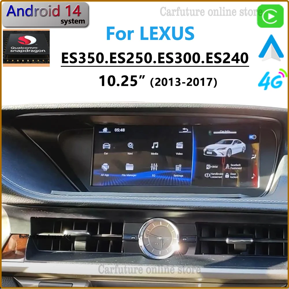 For Lexus ES350 Android 14 Qualcomm ES400 ES200 CarPlay Car Radio Stereo GPS Navigation HD 10.25Inch Screen Multimedia Player