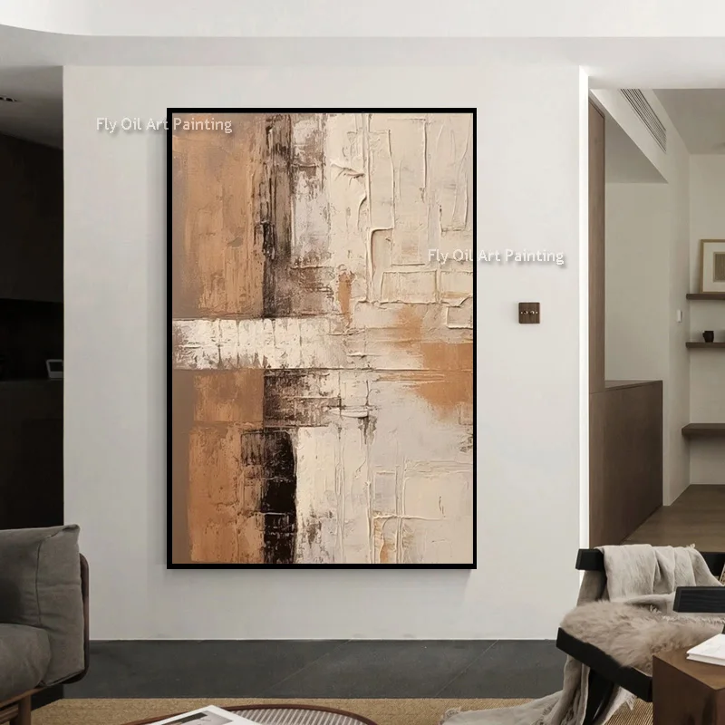 Simple Fashional Design Brown Beige Abstract Artwork On Canvas Large Yellow White Black Canvas Oil Painting Handmade Wall Decor