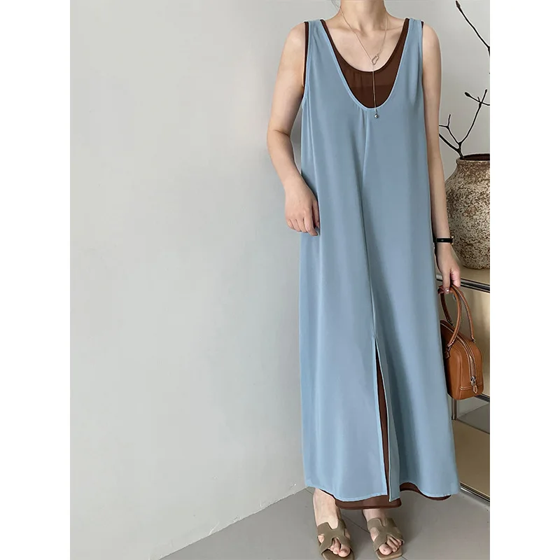 

V-neck Two-piece Layered Breathable Thin Style with A Drooping and Elegant Suspender Dress for Women