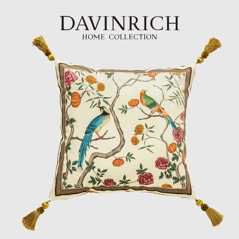 

DAVINRICH Oriental Mood Throw Pillow Covers Soft Velvet Retro Floral Birds Western Watercolor Painting Cushion Case With Tassels