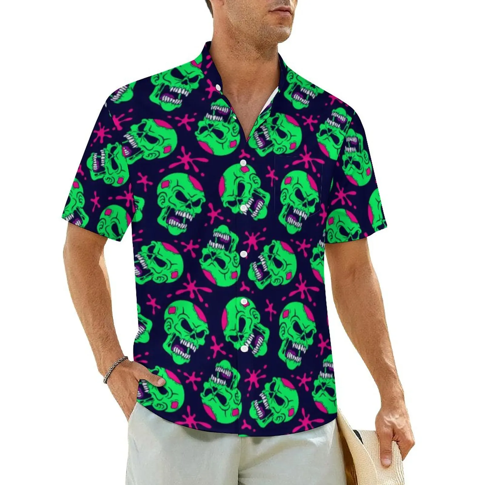 Neon Zombie Skull Casual Shirt Abstract Print Loose Hawaiian Shirts Men Short Sleeves Beach Y2K Fashion Oversized Blouses