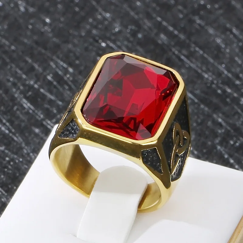 Domineering Vintage Ruby Chunky Ring For Men Stainless Steel Personalized Square Gemstone Ring Gift Trend Jewelry