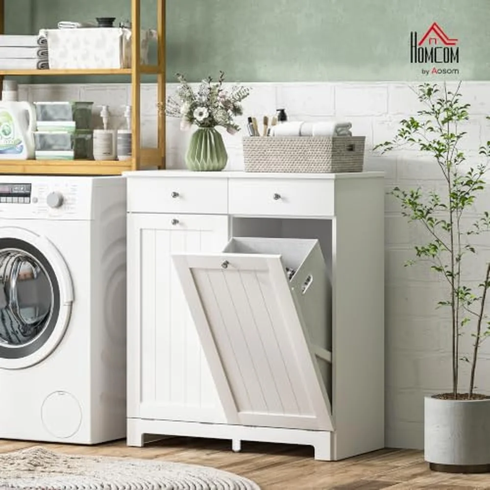 Laundry Cabinet with 2 Removable Baskets Tilt Out Hamper White