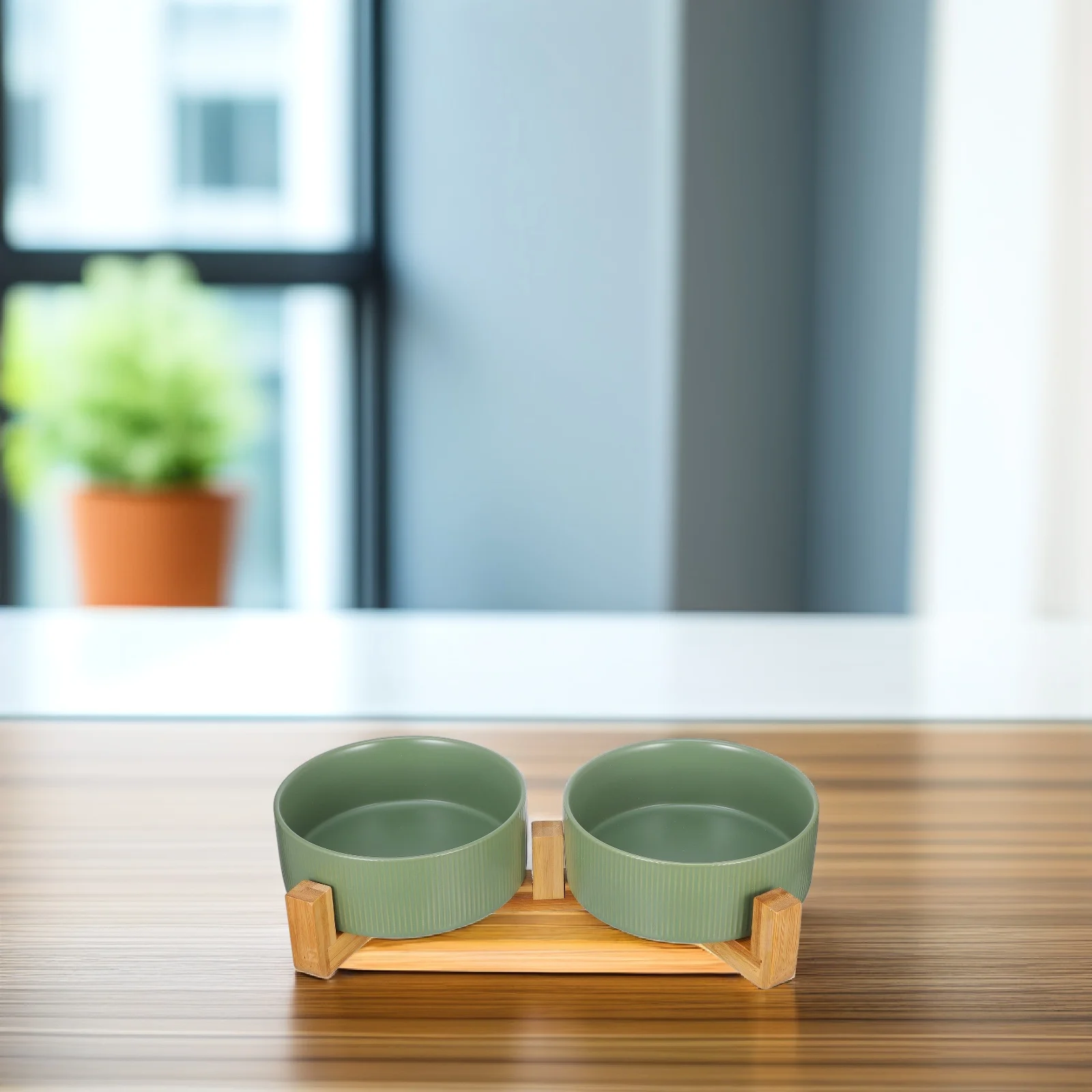 

Wooden Rack Double Bowl Cat Food Ceramic Dog Water Simple Puppy Feeder Bowls Pet