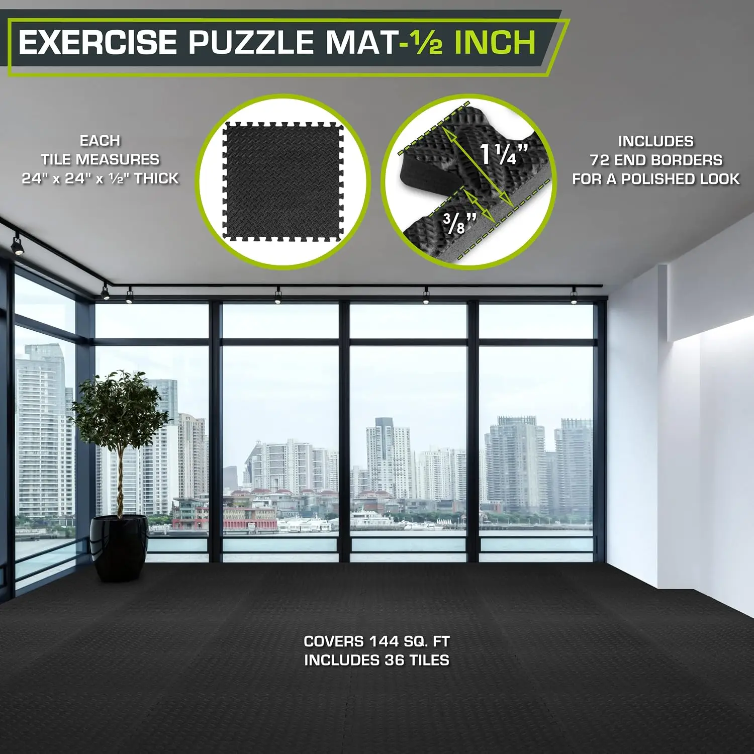 Interlocking EVA Foam Mats Exercise Gym Kids Play Tiles Half Inch Black 144 Square Feet