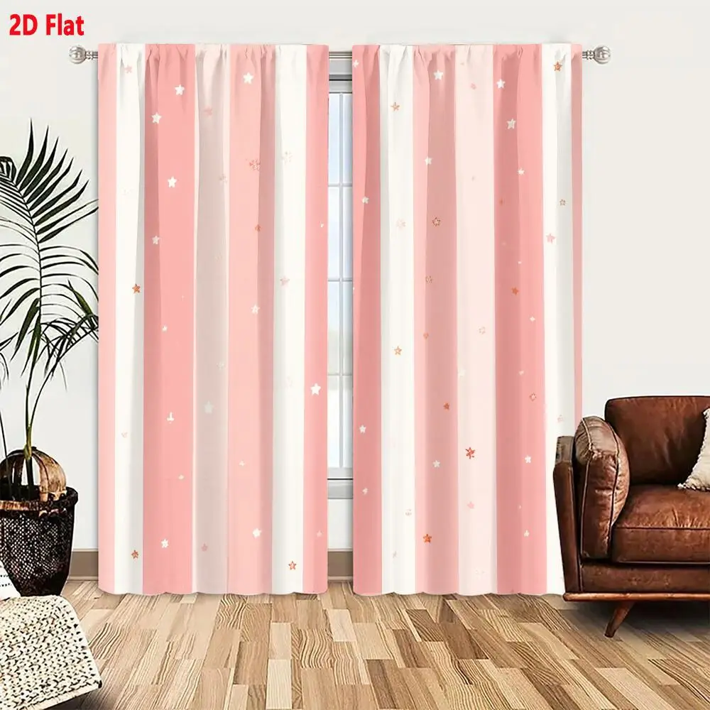 2Pcs Curtains 2D Flat Seamless Pattern Vertical Stripes Pink And Off White With Scattered Stars For Baby Decor And Romantic Desi