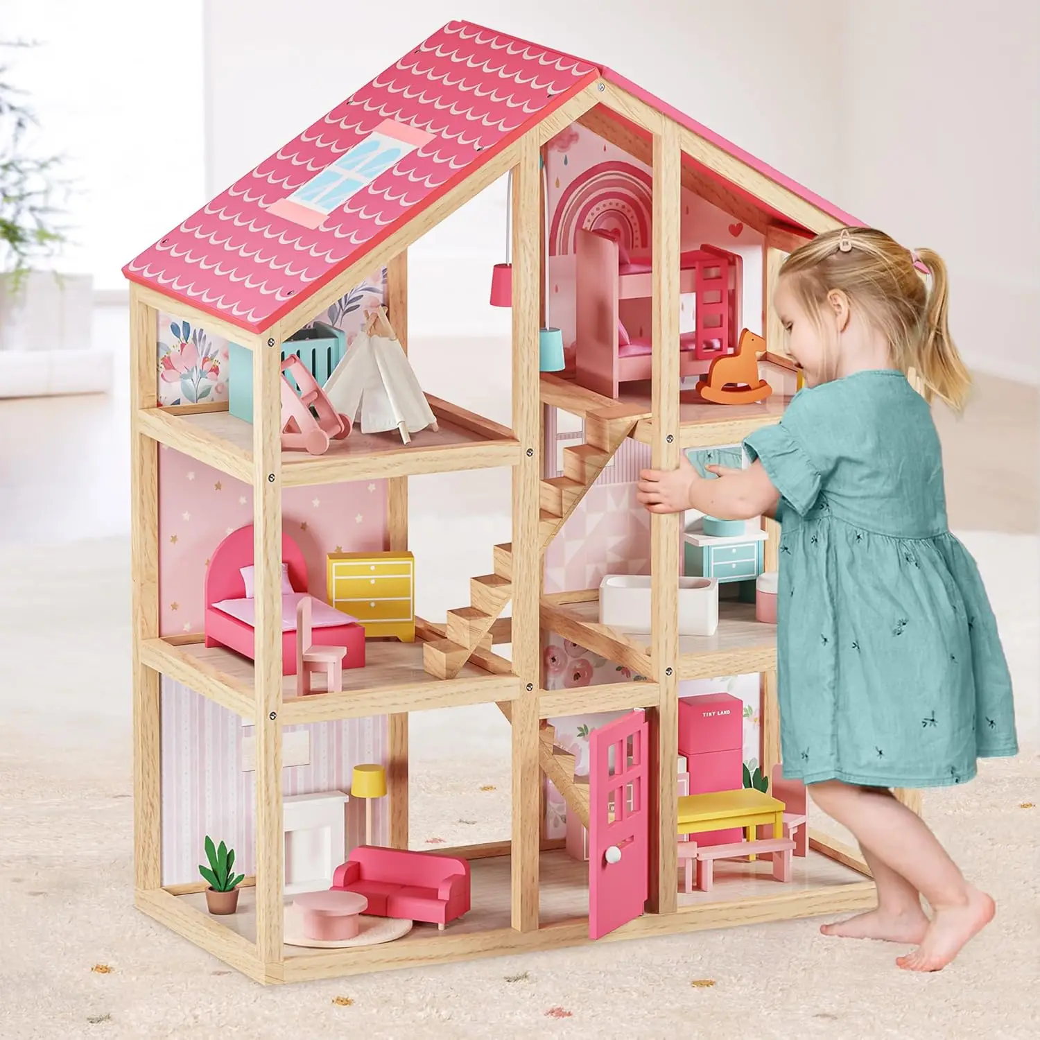 Tiny Land Wooden Dollhouse For Girls - 6 Rooms Wooden Doll House, Diy Pretend Dream House With 30Pcs Furniture Accessories,