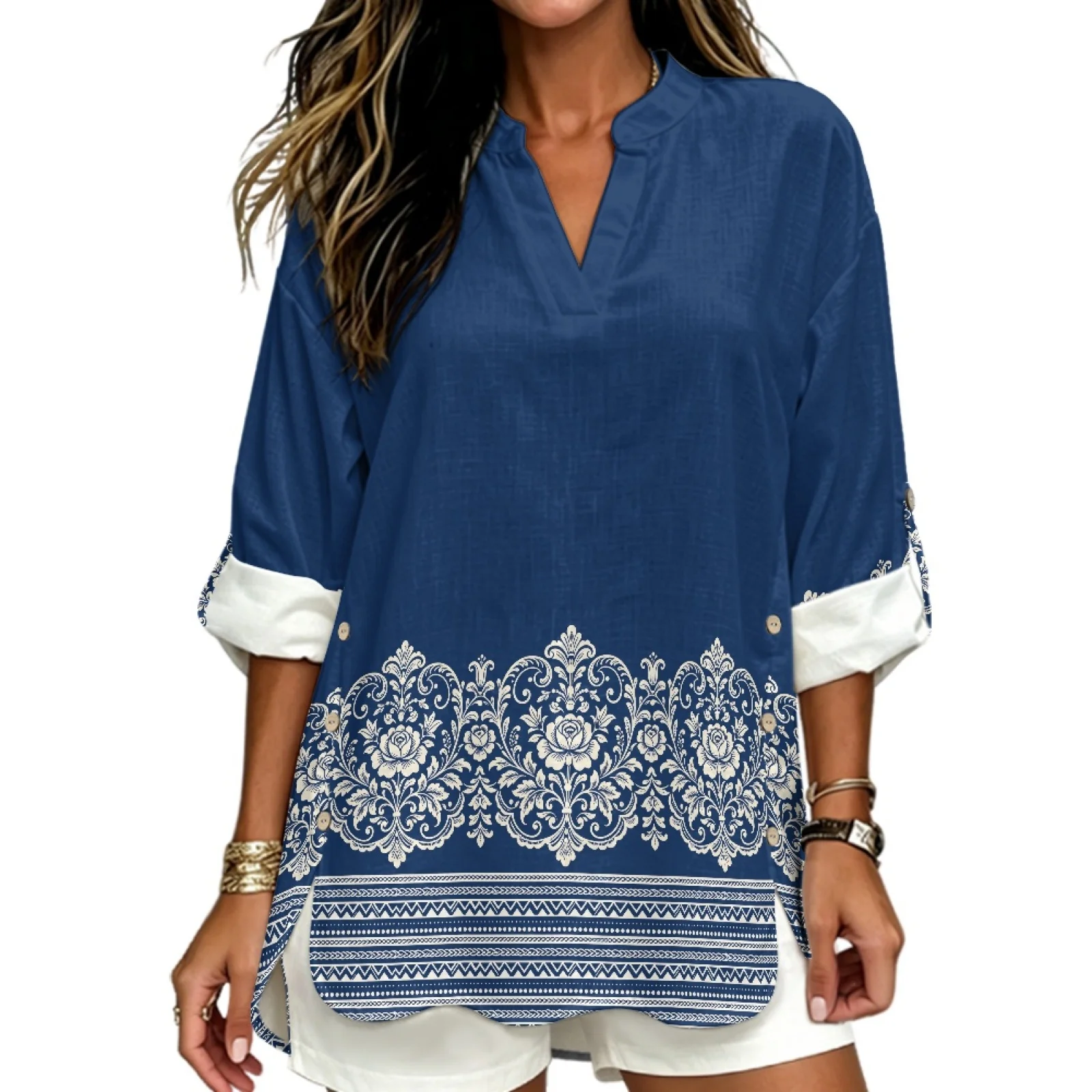 PENSTROLL Blue Floral Border Side Slit Ladies Tops and Blouses for Resort Gatherings Linen Like V Neck Blouse Sizes S-5XL