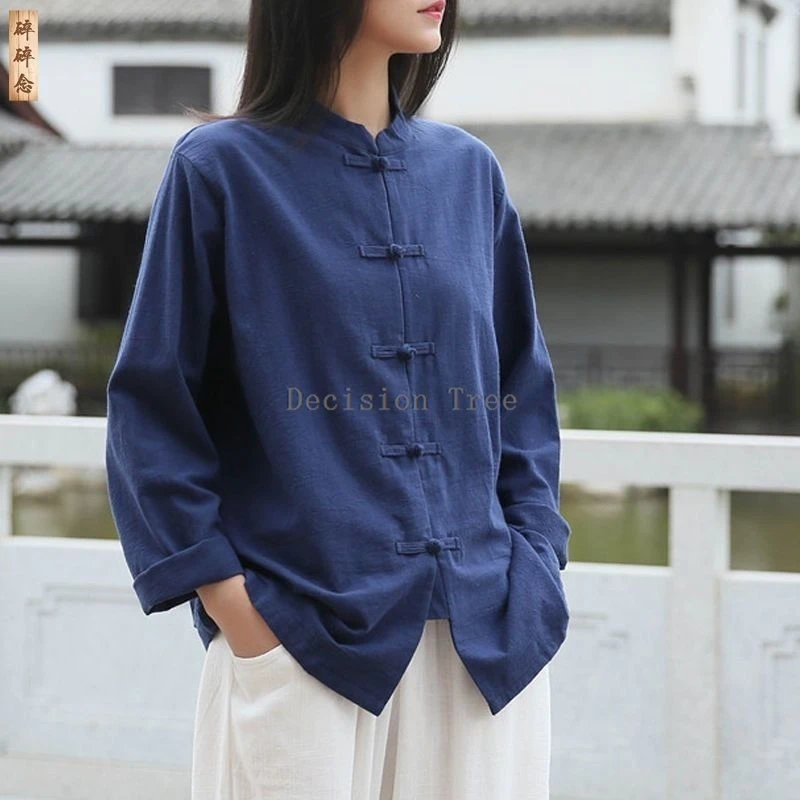 2024 cotton and linen vintage stand collar chinese style spring tai chi men women matial arts shirt ancient qipao tang suit top