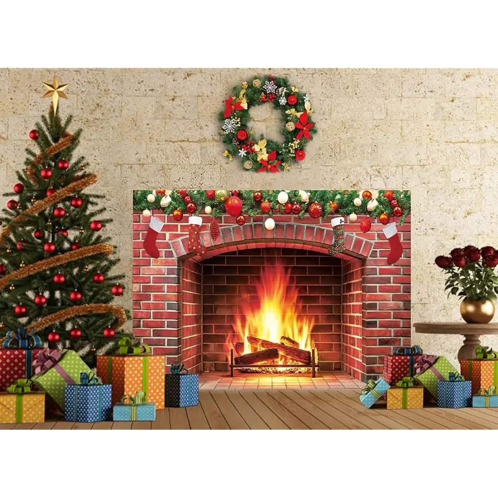 خلفية مدفأة عيد الميلاد ذات تأثير واقعي مسطح ثنائي الأبعاد، مع حضن متوهج وحطب محترق - زينة عيد الميلاد
