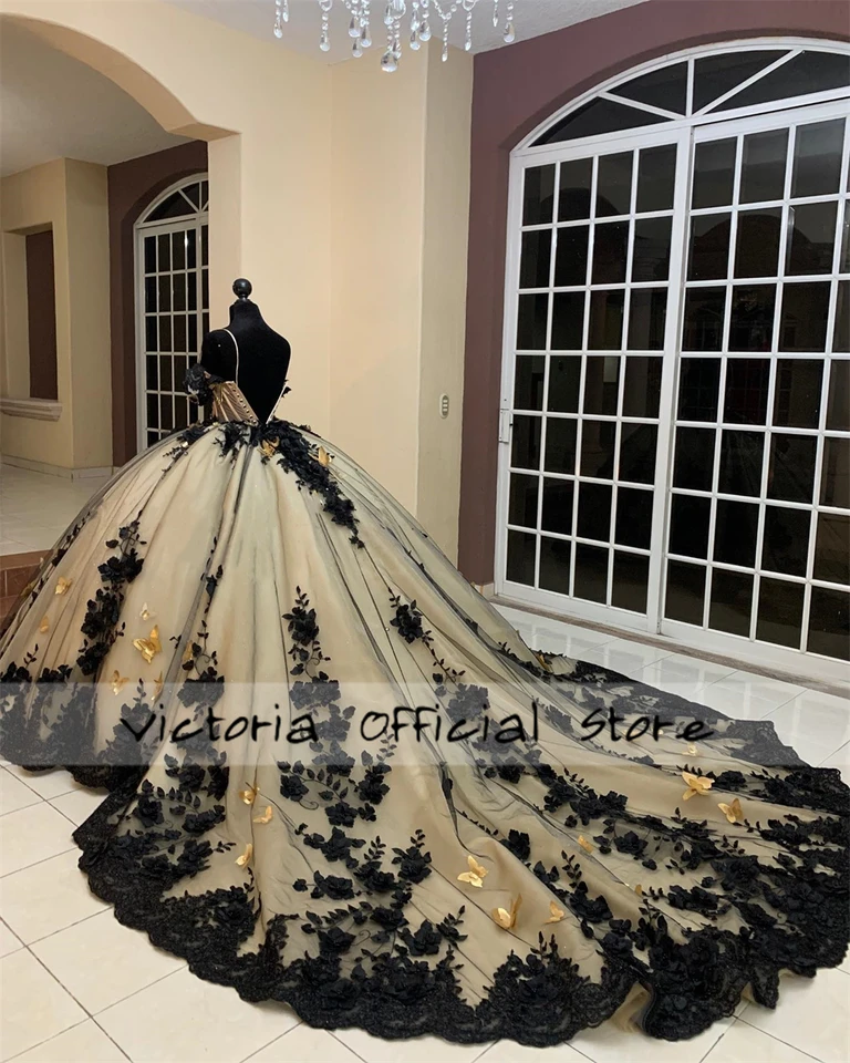 beyonce black and gold dress Black Quinceanera Dresses with Bow Glittery Tulle Lace Beaded Party Go –  Hebebridal