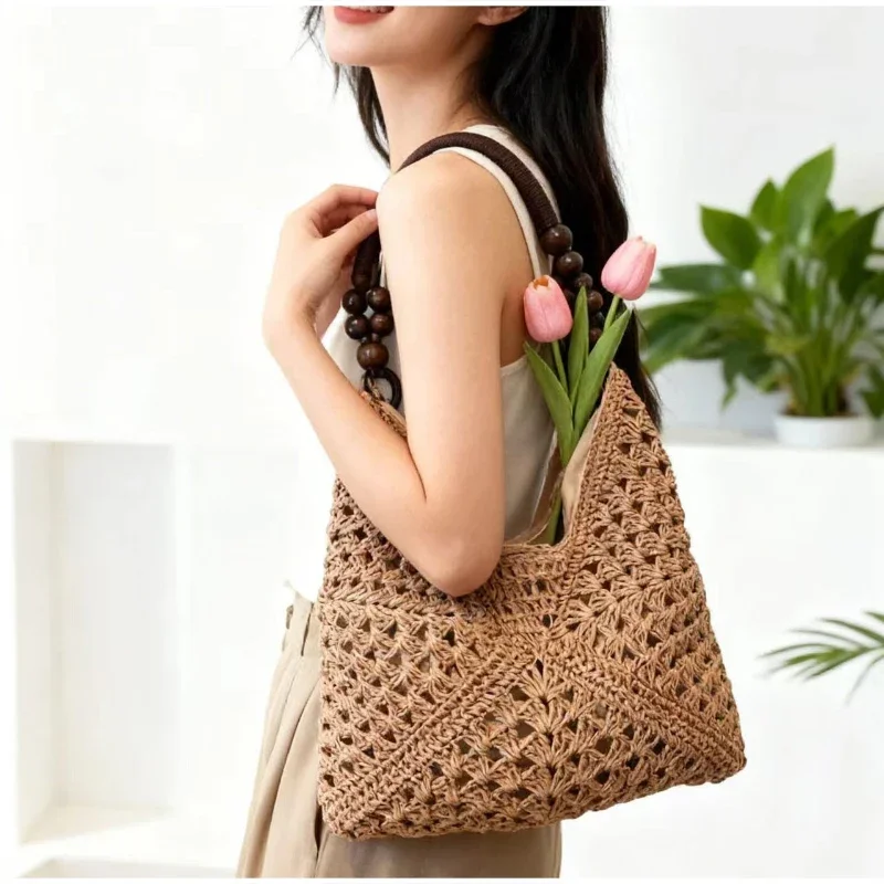 Hohl gestrickte Häkel-Schultertasche, Damen Casual Colorblock Handtasche für den Arbeitsweg, Leichte Sommer-Reisetasche – Detail 12