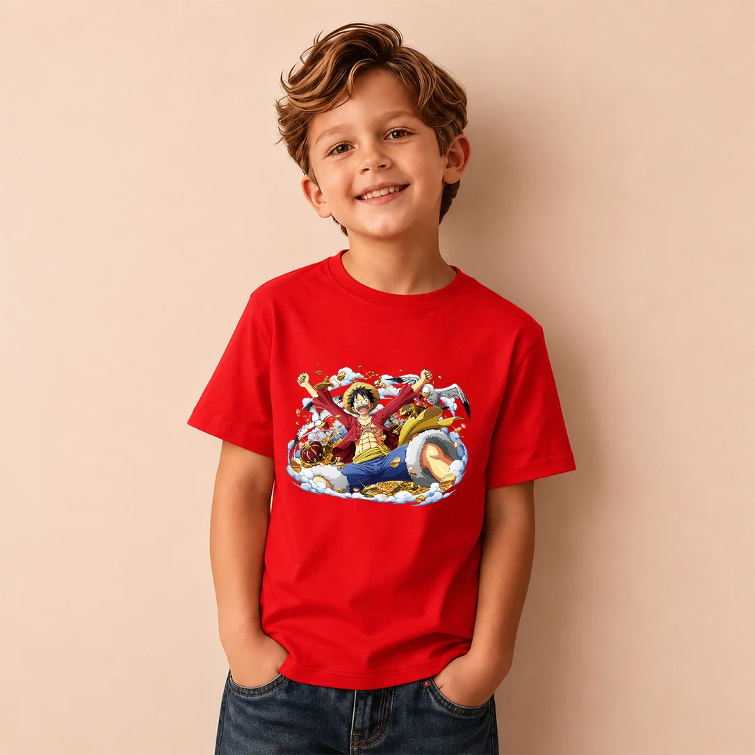 Kids T‑Shirt One Piece Monkey D Luffy Treasure Adventure Print Short Sleeve Casual Tops Boys Girls Anime Children Daily Wear Tee