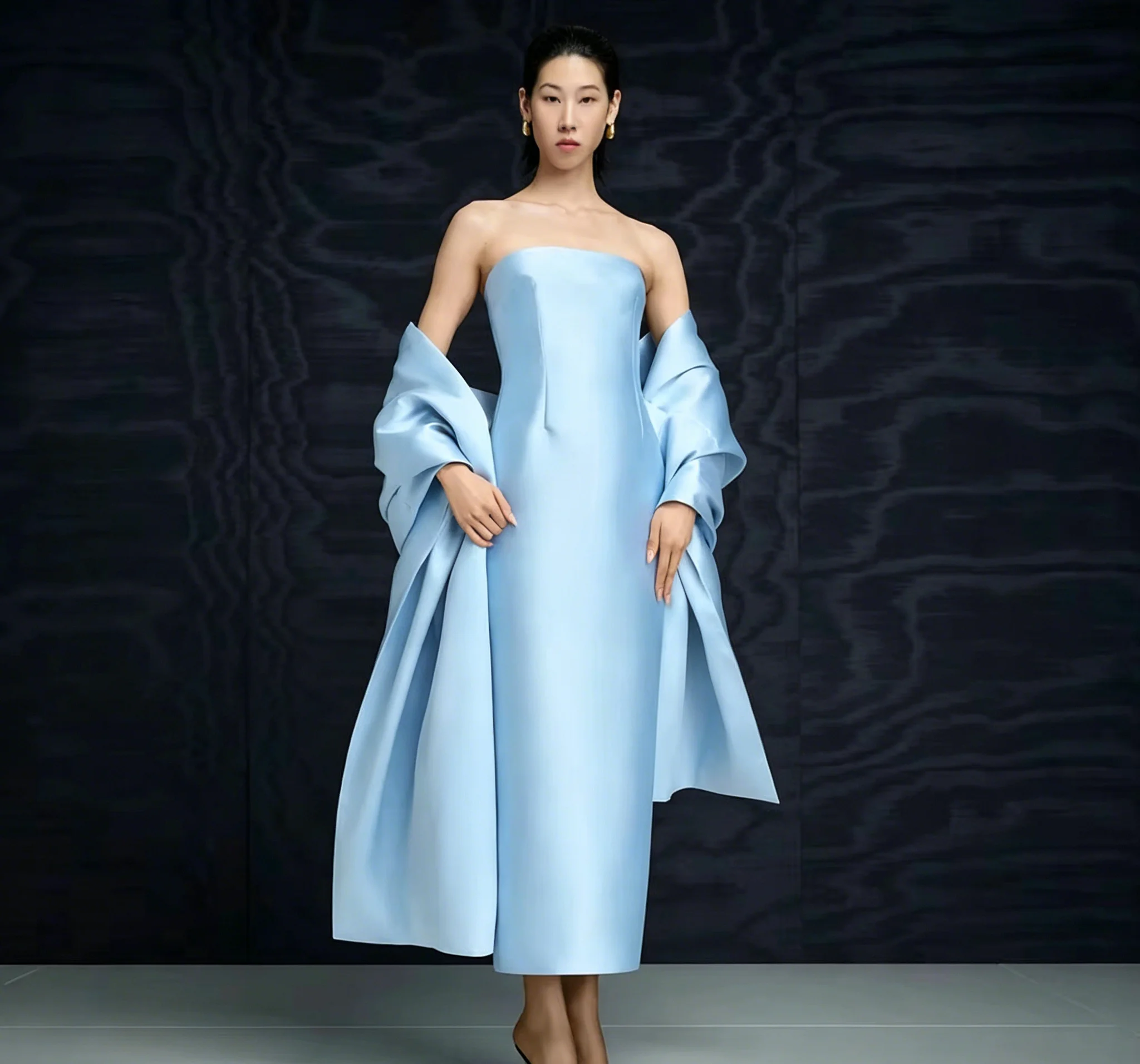 

KFDER Sky Blue Satin Evening Dress Beige Cape Ankle Length Evening Gowns for Women Strapless Sleeveless Formal Party Gown