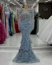 Gorgeous Blue Sequin Crystal Evening Dress with Tassels Stunning Fully Beads Charming Girls Celebrity Party Dress Customized