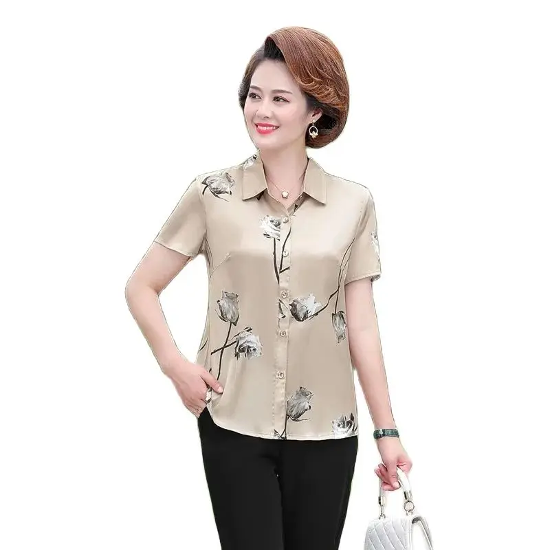 

Fashionable Summer Dress Temperament Lapel Chiffon Shirt Ladies Print New Short-sleeved T-shirt Loose Casual Dutton TopLady 5XL