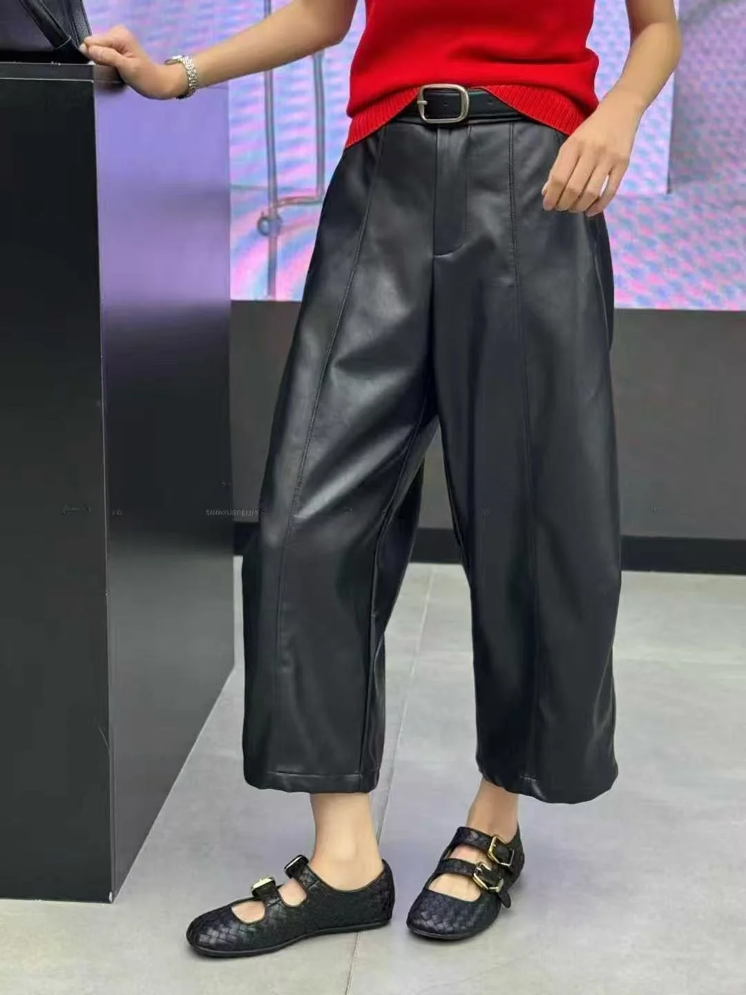 

2025 New Women's Genuine eepskin Leather Pants High Waist Slimming Casual Wide Leg Pants Versatile Long Trousers