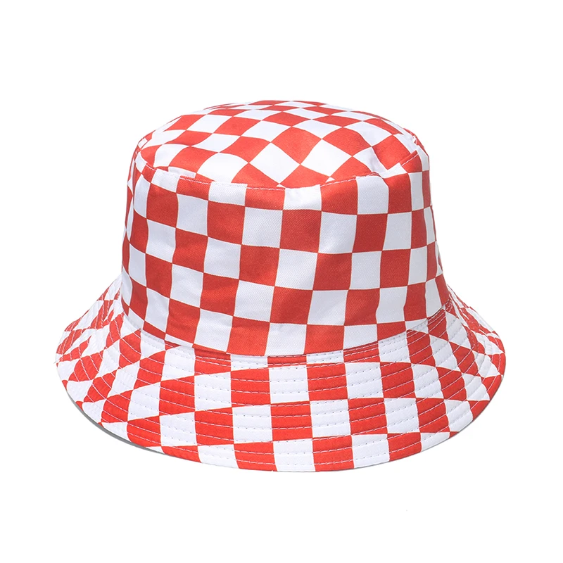 FOXMOTHER New Fashion Women Men Summer Black Red Fisherman Caps Reversible Outdoor Plaid Check Bucket Hat Dropshipping