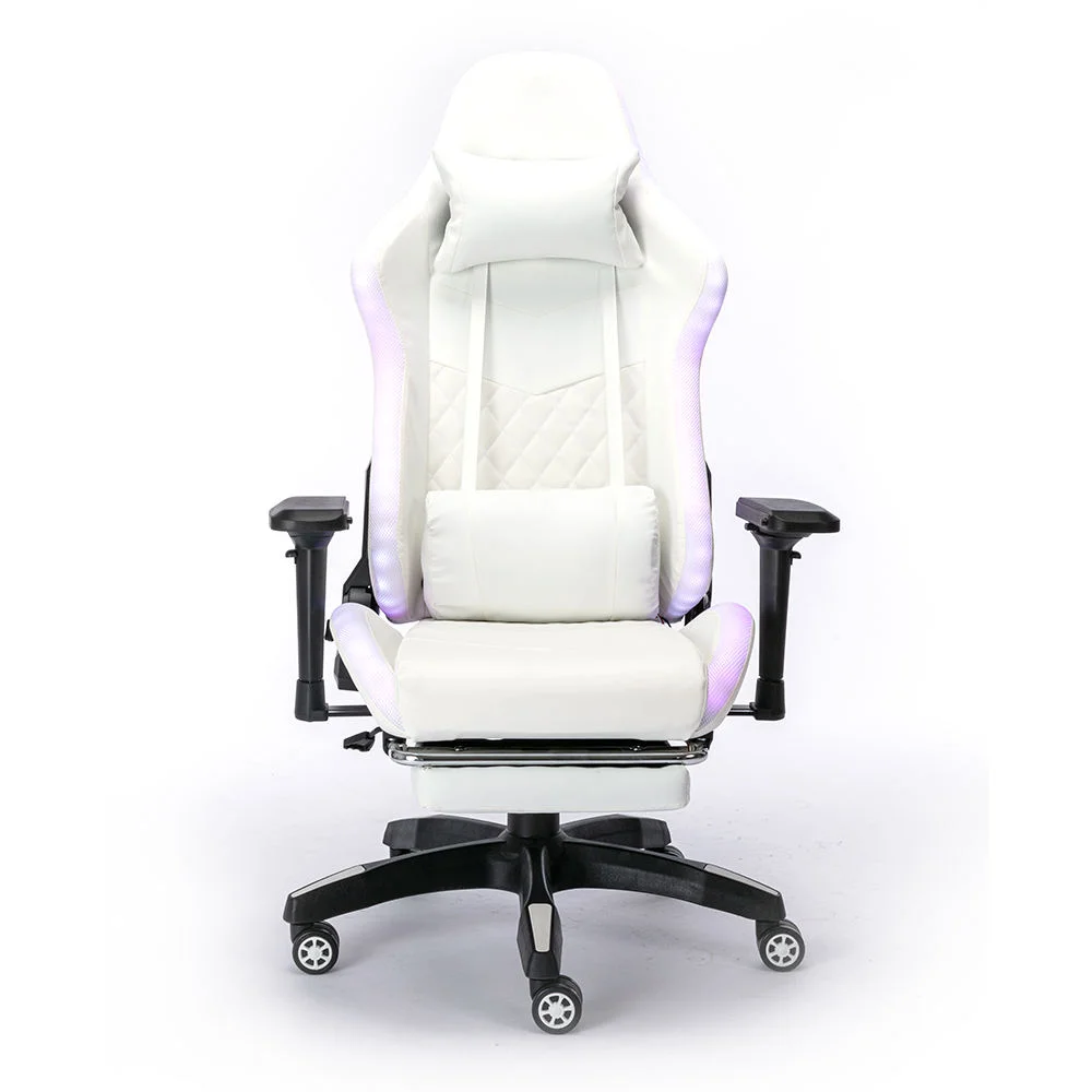 White leather RGB LED gaming chair PC recliner with rotating function, high durability nylon and PU material, suitable