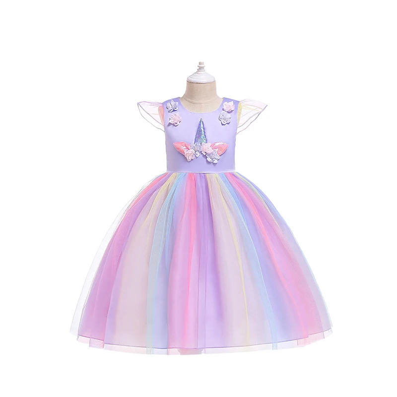 Party Gilrs Unicorn Tutu Dress Cosplay Costume For Girls Dress Up Rainbow Tulle Puff Sleeve Cham Halloween Dress 3-10 Years