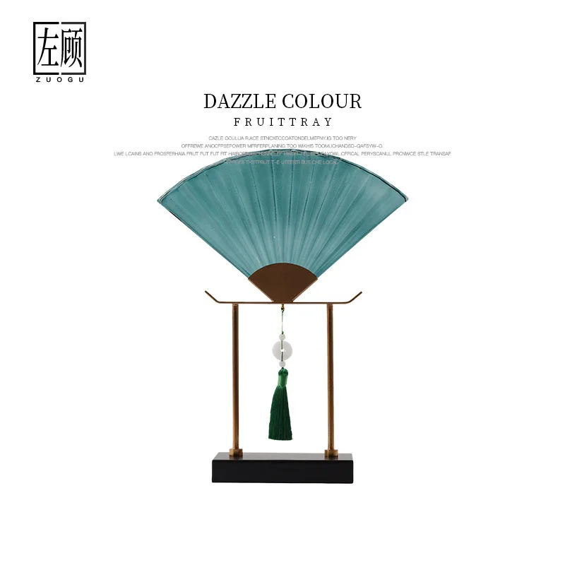 Yjq new Chinese Zen study soft decoration, entrance wine cabinet screen glass folding fan metal ornament