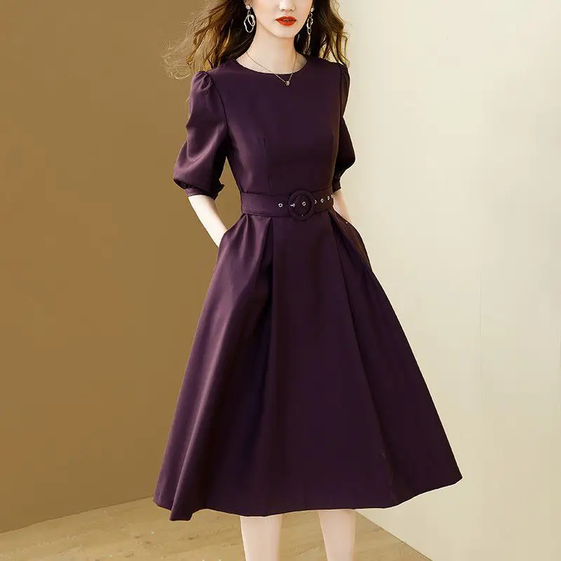 

Fashion light luxury commuter casual dress women spring and summer new medium-sleeved temperament medium-length skirt