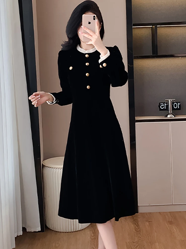 Frauen Koreanische Vintage Bodycon Prom Kleidung Herbst Winter Schwarz Samt Chic Rüschen Kragen Langes Kleid 2025, Elegante Luxus Vestidos