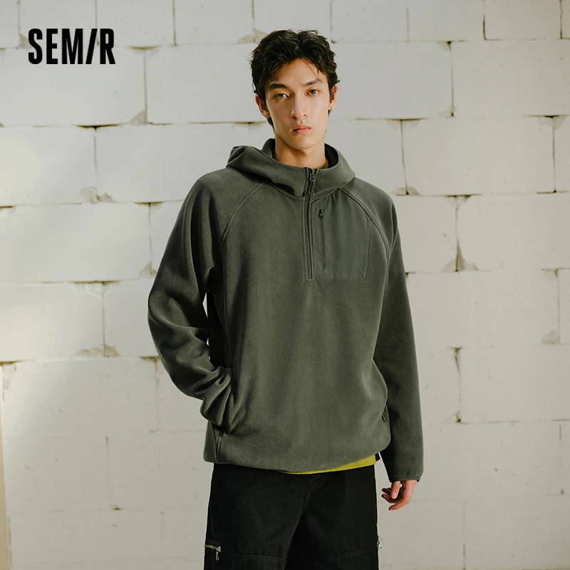 Semir Men Hooded Hoodies Antistatic Polar Fleece Outdoor Panel Design Water Repellent Raglan Sleeve 2026 New Winter Daily Wear