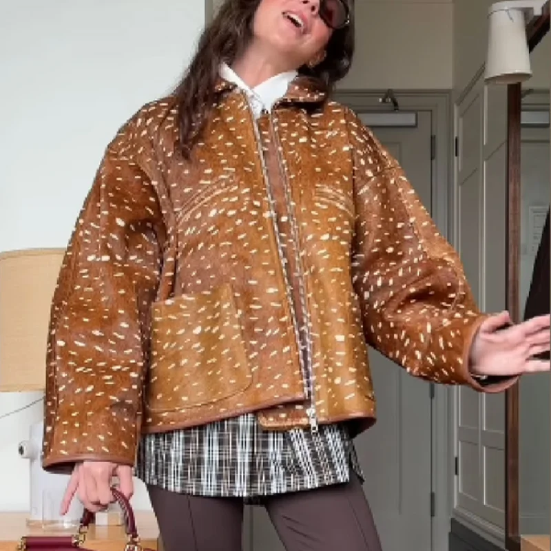 2025 nueva Chaqueta corta de lunares con cuello abatible para mujer, abrigo Vintage de manga larga para mujer, prendas de vestir informales de calle Chic para otoño e invierno