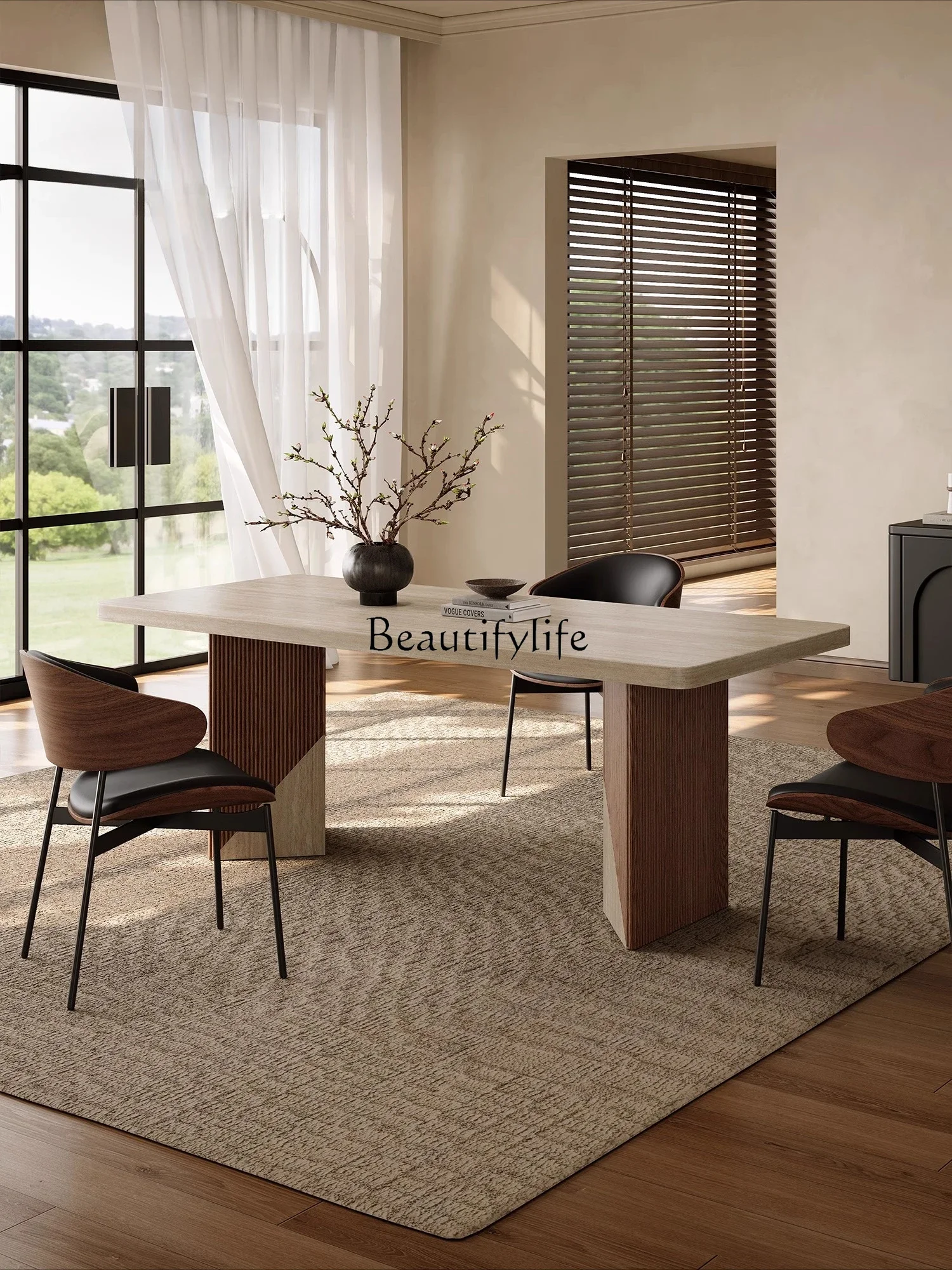 

Medieval style travertine rock slab dining table and chairs solid wood designer wabi sabi retro style rectangular dining table