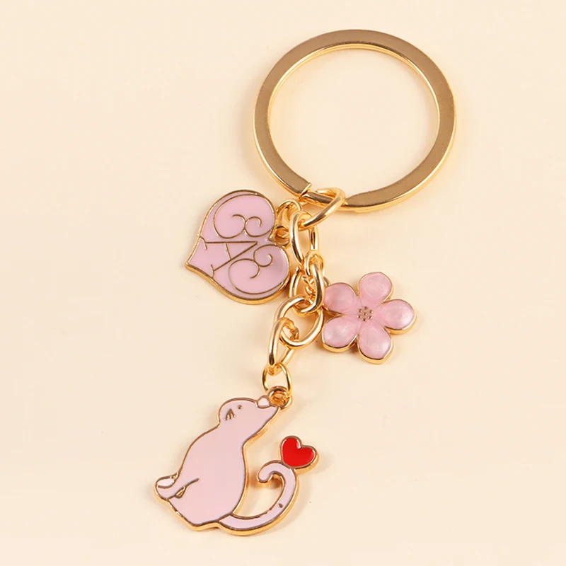 Kawaii Enamel Pink Cat Sakura Heart Pendants Keychain Cute DIY Key Holder For Women Girls Bags Car Key Earphone Case Jewelry