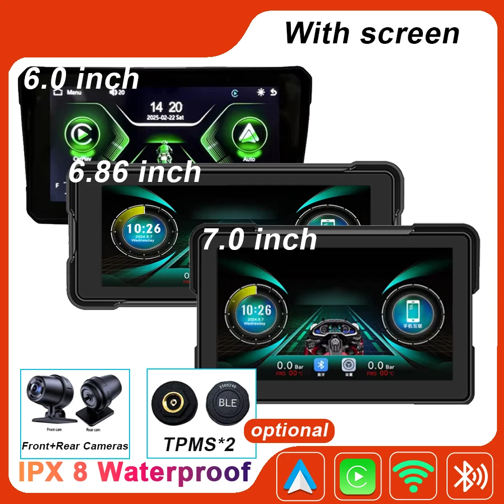

Motorcycle Carplay Water Proof WiFi Wireless Android-Auto DVR Monitor Dash Camera GPS Navigation TPMS Bluetooth