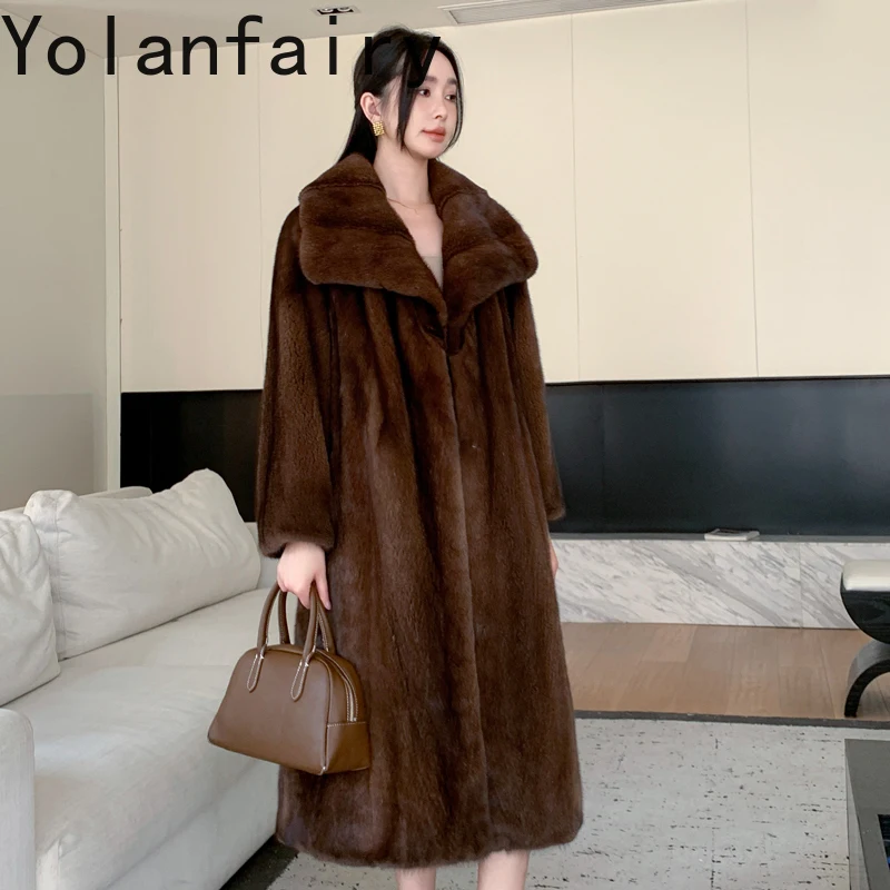 YOLANFAIRY Prawdziwy Futrzany Płaszcz Damski Luksusowy Zimowy Naturalny Futro z Norek Kurtka Damska Odzież Szalowy Kołnierz Długie Płaszcze Futrzane Odzież Wierzchnia
