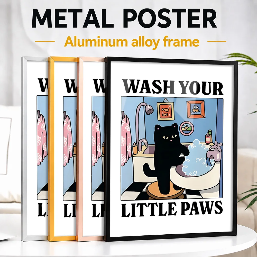 Black Cat Washing Paws In Tub Framed Metal Print Customized Photo Neon Manga Style Wall Art For Bathroom Memorable Player Gift