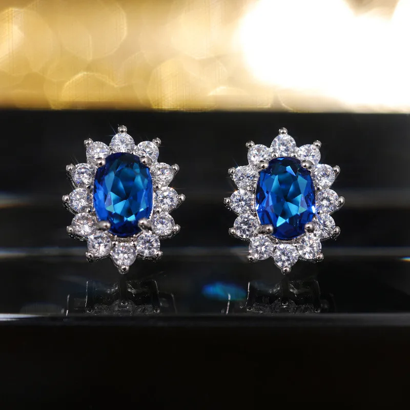 925 فضة موضة عباد الشمس شكل وأقراط النساء الرائعة البيضاوي مكعب زركونيا الفاخرة الإناث مجوهرات الحفلات هدايا