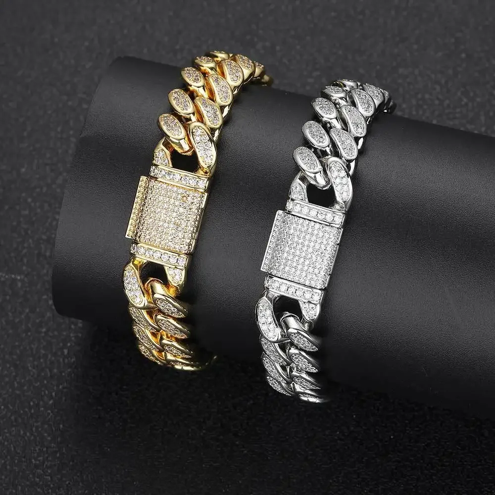 

Cuban Link and Bracelet Hip Hop Zircon 12mm Flip Buckle Double Row Cuban Trendy Brand Personality Men