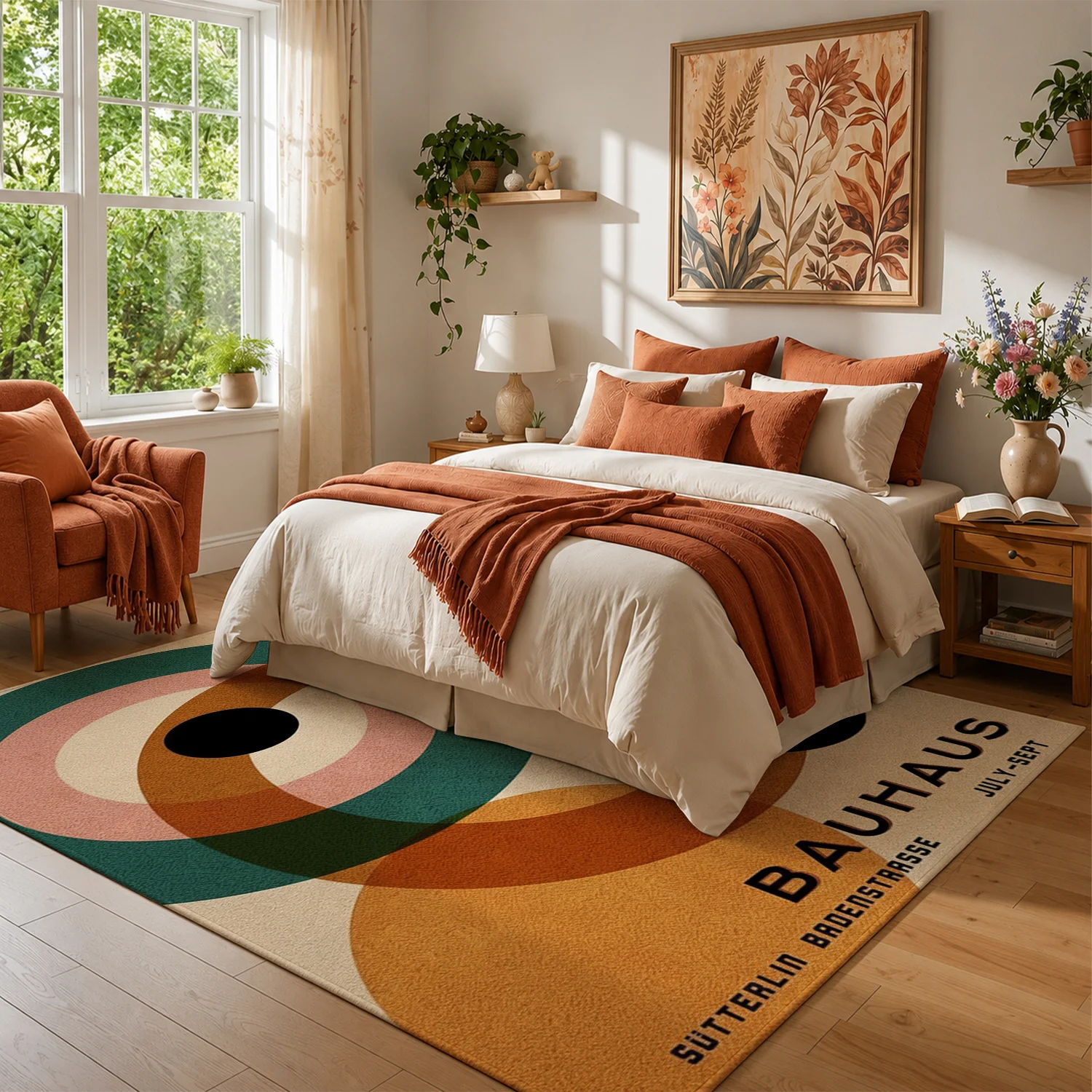 Large Indoor Area Rug, Soft Velvet Low Pile Non-Slip Dotted Backing, Machine Washable Bauhaus Geometric Circle Pattern Rug, Warm Earthy Tones Teal & Pink Accent, Ideal for Living Room Bedroom Mid-Century Modern Home Decor