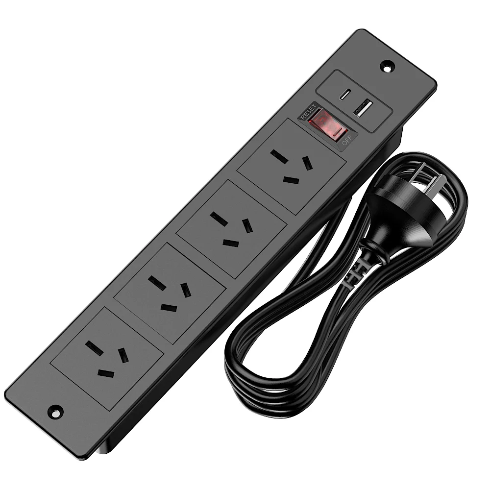 Embedded Recessed Power Strip AU Plug 4 AC Ports 1 USB‑A & 1 Type‑C(5V 2.1A) Control Switch 1.5M Extension Cord for Furniture