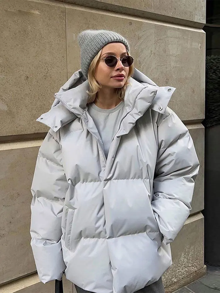 

2024 New Winter Solid Casual Down Coat Women Fashion Loose Hooded Thick Cotton Coats Female Highstreet Feather Parkas Outerwear